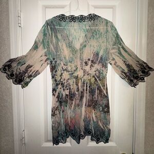 Paris, Paris - Boho Embroidered Sheer Floral V-Neck Top